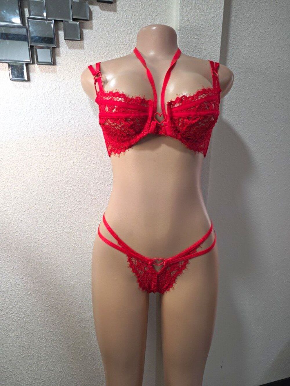 For Love & Lemons Red Lace Sheer Underwired Balconette Bra Set DD Heart